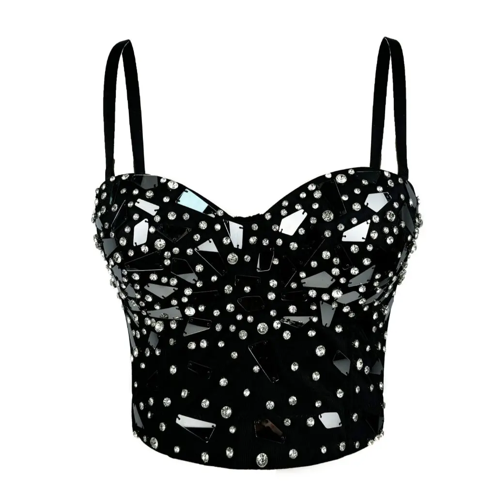 

Punk Heavy Industry Design Black Glass Sequin Camisole Vest Fishbone Corset European American Style Women's Top