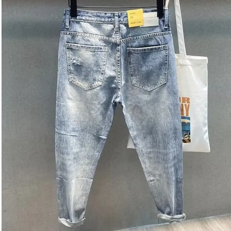 New 2025 High Street Hip Hop Blue Jeans Spring and Summer New Ripped Trend Beggar Knee Rotten Cargo Washed Distressed Jeans Men