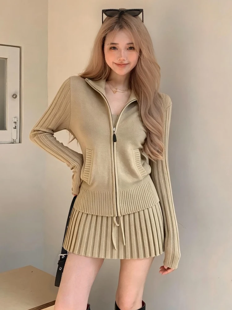 Sexy Knitted High Waist Slim Fit Long Sleeve Zipper Straight Leggings Skirt Set with Pleated Skirt for Women Autumn Spri...