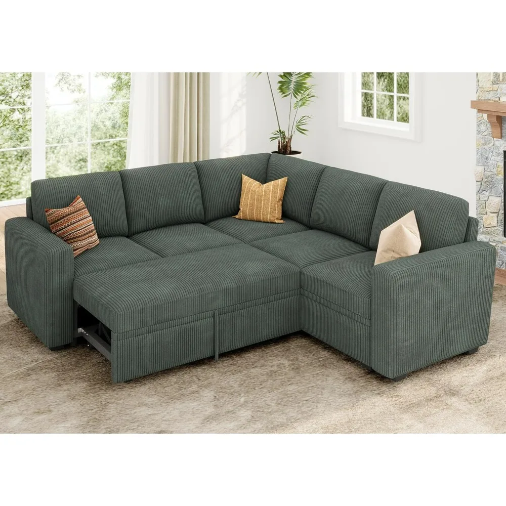 

Sectional Sofa with Pull Out Bed, Corduroy L Shaped Couch with Storage Seats, Convertible Sectional Couches for Living Room