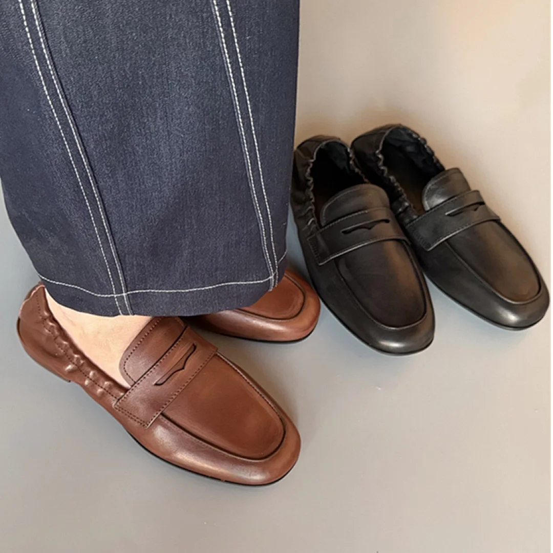

Maxdutti Fashion Soft Shoes For Woman Top Quality Woman Shoes Handmade Genuine Leather Cowhide Pleated Loafers Flats Shoes Brown