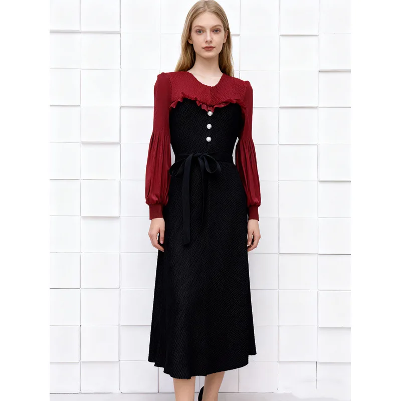 Cintura alta plissada metal bule feminino dr floral impressão a linha saia longa sve cintura alta plissada dr com gravata borboleta