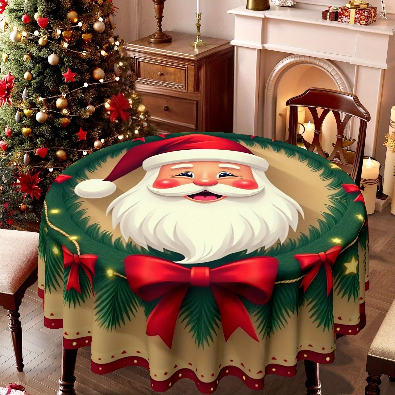 Christmas-themed round tablecloth 1 piece, with a merry Santa face pattern surrounded by a wreath of festive pine trees.