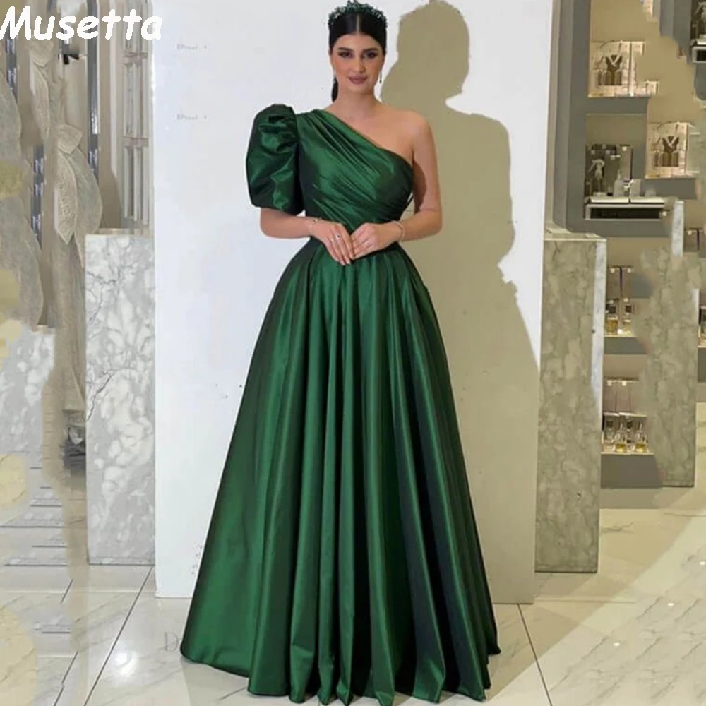 Musetta Elegant One Shoulder Prom Dress Pleat A-line Evening Dresses One Puffy Sleeve Floor Lenght Vestidos De Noche Customized