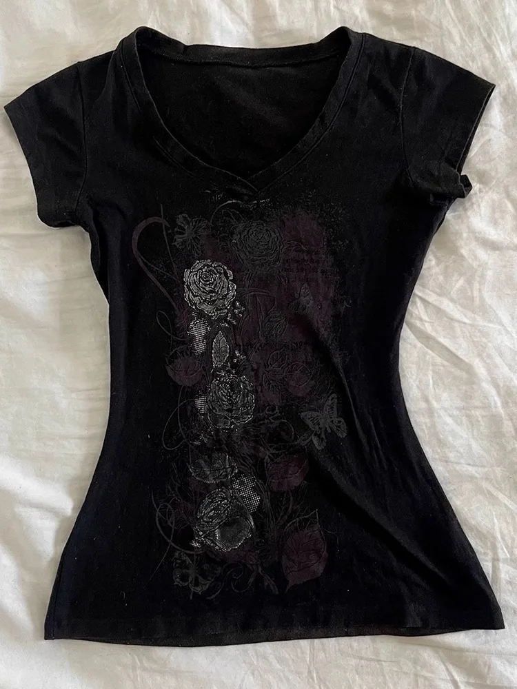 

Готические девчачьи футболки, корейская летняя повседневная женская одежда 2000-х годов, винтажная футболка с розовым принтом в стиле Харадзюку, гранж Gyaru, уличная футболка