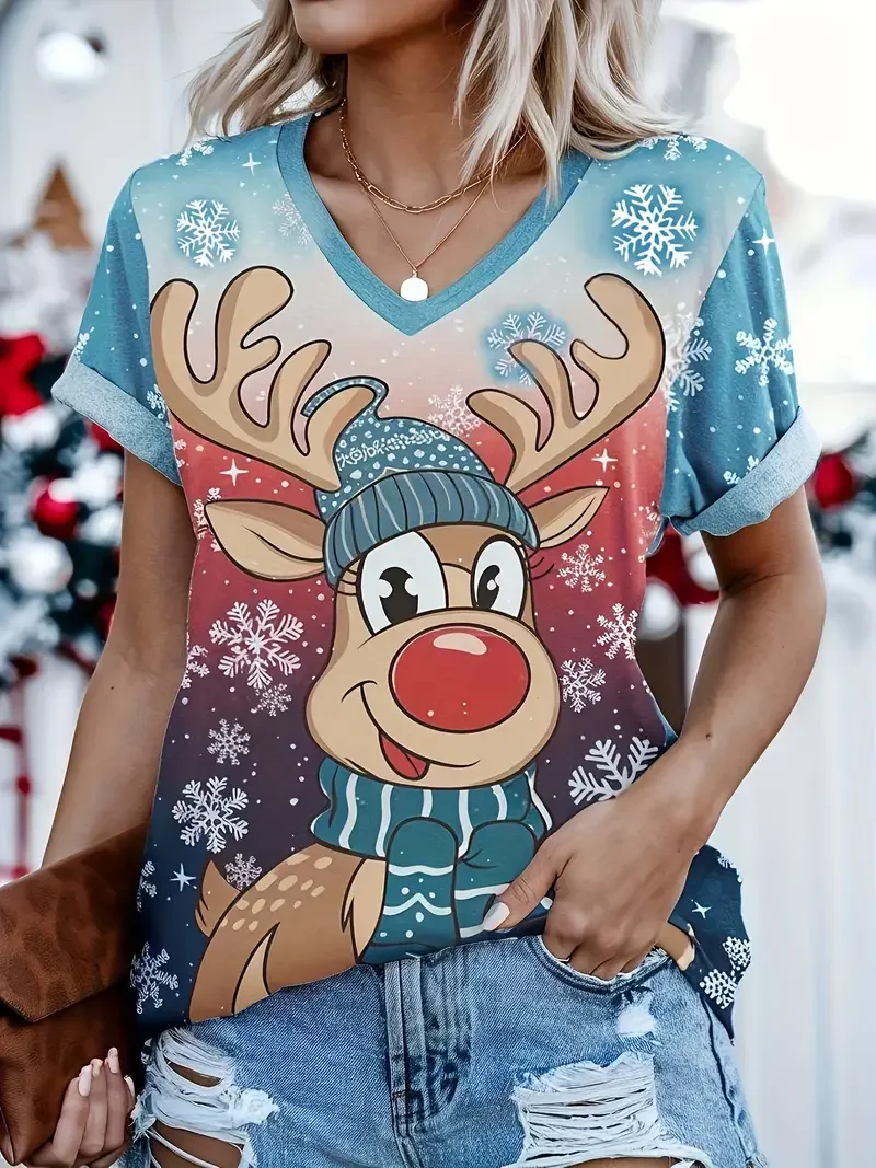 

Christmas Women's T-Shirt Cartoon Printed Casual V-Neck Short Sleeve Tee Outdoor Fashion Famale Clothing Oversized Pullover Tops