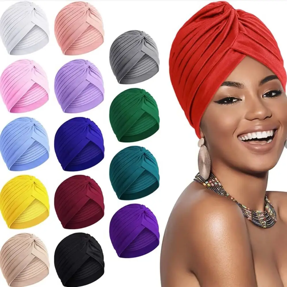 New Ladies Knotted Ruffle Turban Soft Headscarf Casual Streetwear Female Muslim Hijab Indian Hats Cancer Chemo Cap Turbante