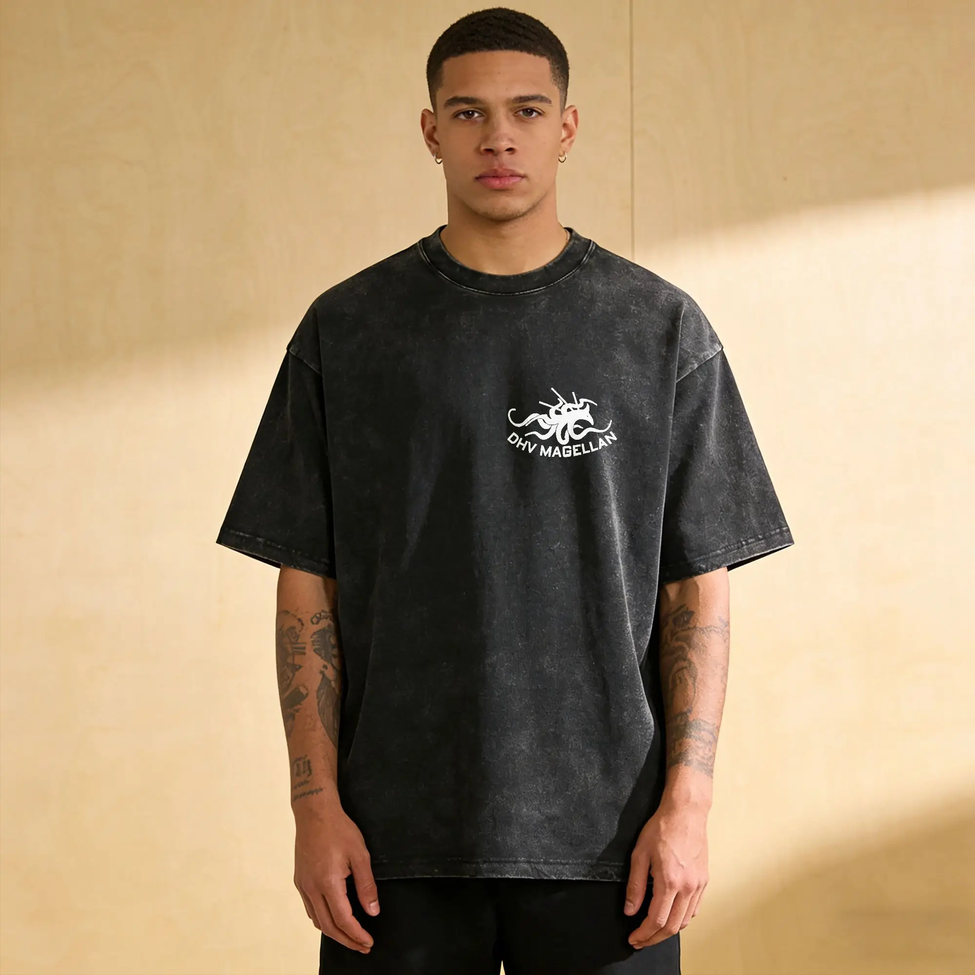 Casual DHV MAGELLAN Crew Member T-Shirt for Men Round Collar 100% Cotton Washed T Shirts Game on The Beach  Printing Tops