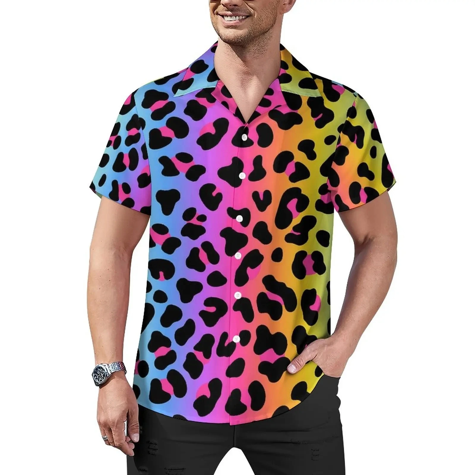 Hawaiian Sexy Rode Luipaard Vlekken Heren Shirts Voor Man Kleding Casual Y2 K Zomer Beach Street Style Plus Size Blouse