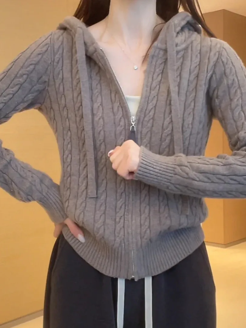 

Faionable Knitted Zipper Open Cardigan Women's Casual Sli All-Match Hooded Top Breathable ort Length Regular Fit