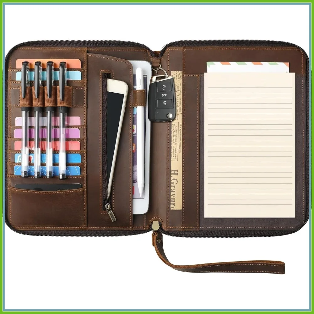 

Full Grain Leather Portfolio with Zipper, A5 Letter Size Padfolio Organizer for Business, Pen Loop, Resume Folder