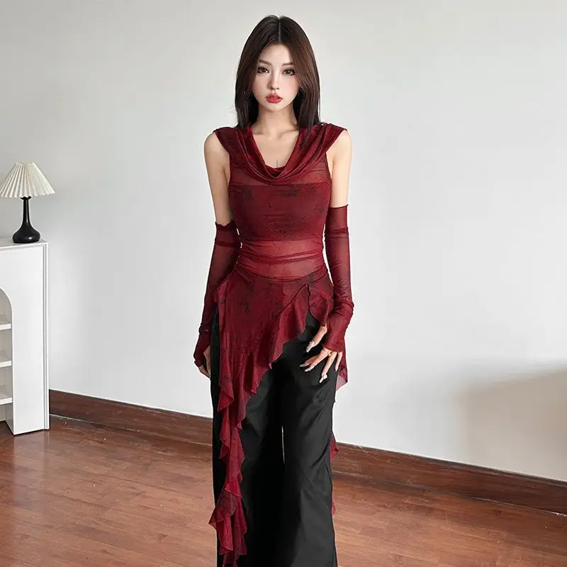 Camiseta Roja con Capucha para Mujer, Estilo Halloween 2025, con Mangas Cubre Brazos, Diseño de Cuello Caplet, Top Moderno