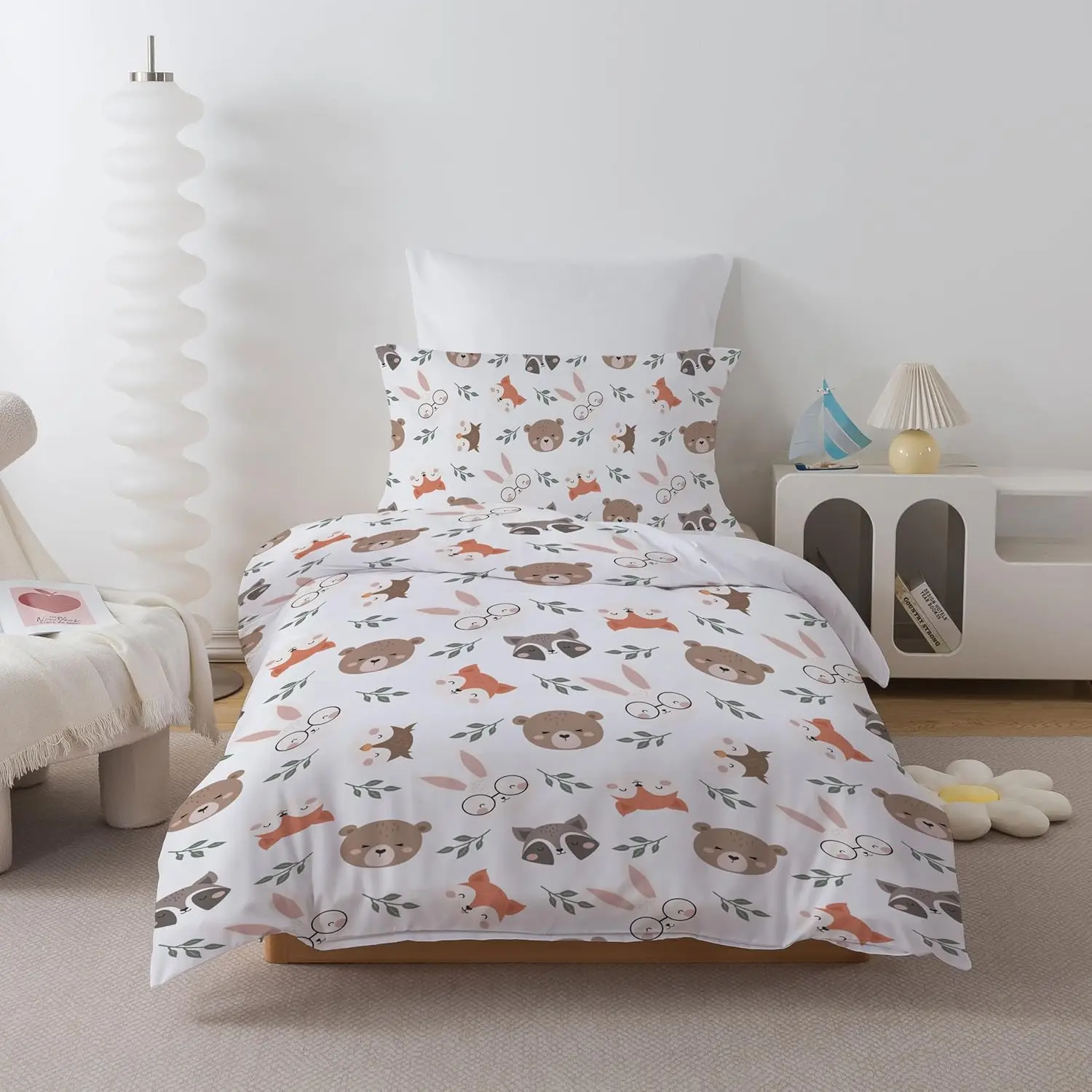Cot Bed Duvet Cover Set, Animals Toddler Bedding Set With Zip Fastening, Kids Duvet Cover 120x150cm With 40x60 Cm Pillowcase