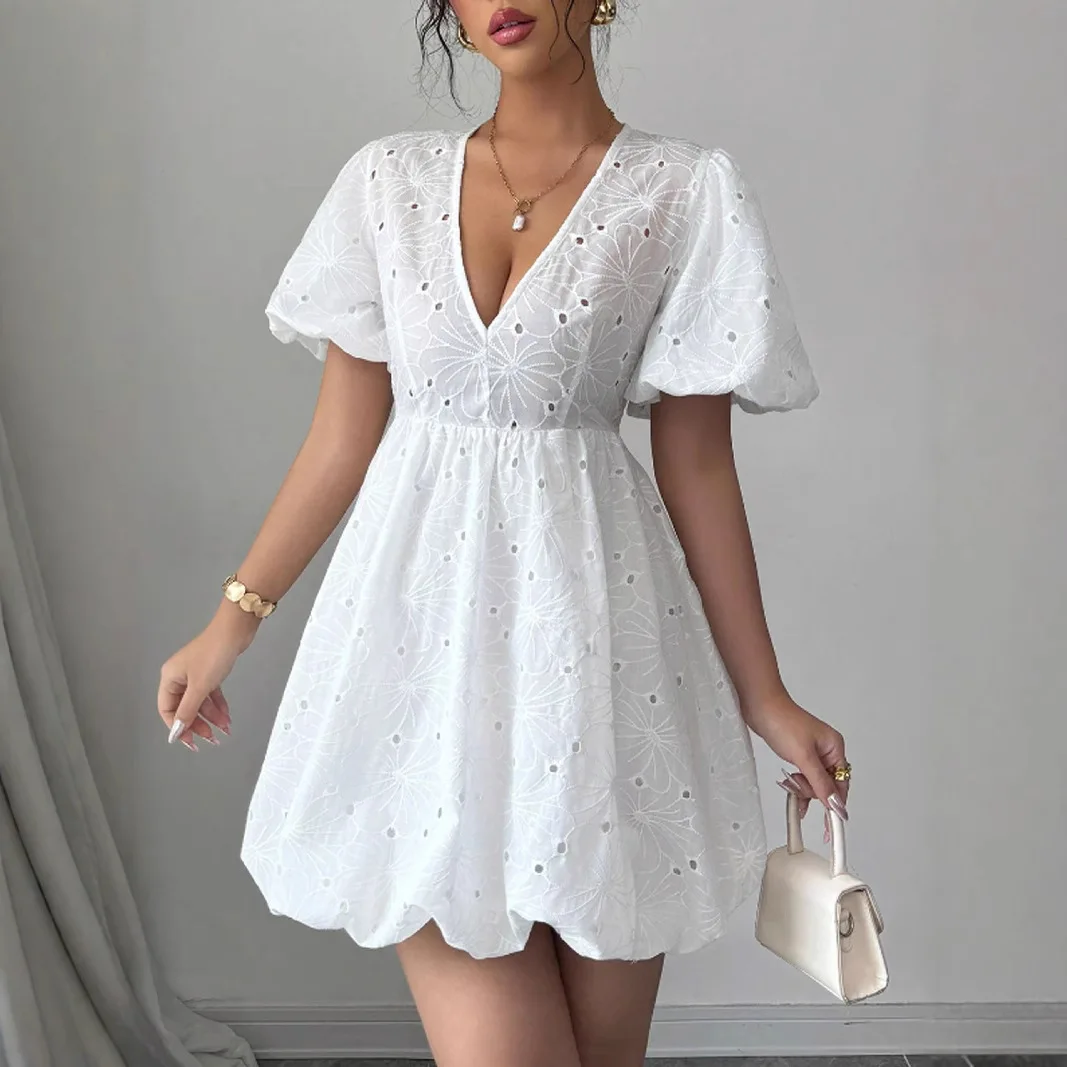 

2025 Summer European and American New Women's Fashion, Leisure, Sexy Hollow Solid Color Short Skirt Lace V-neck Elegant Dress