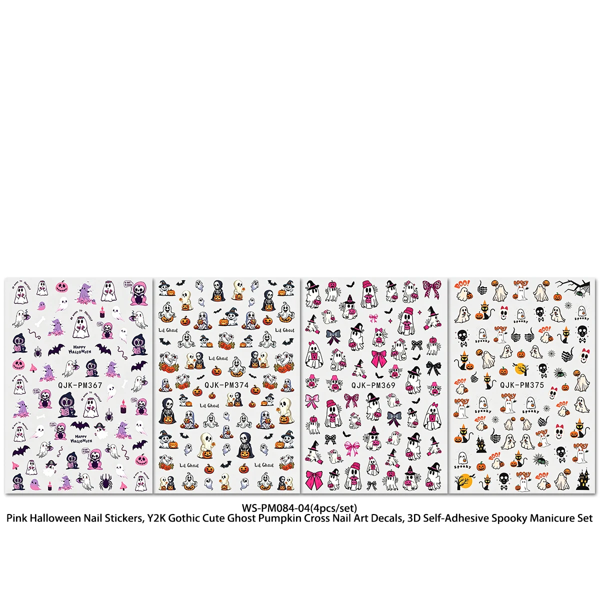 4 Stück Nageldekorationsaufkleber, Halloween-Cartoon-Motiv mit Geistern und Kürbissen, niedliche und lustige Halloween- und Totenfest-Partydekoration. – Detail 9