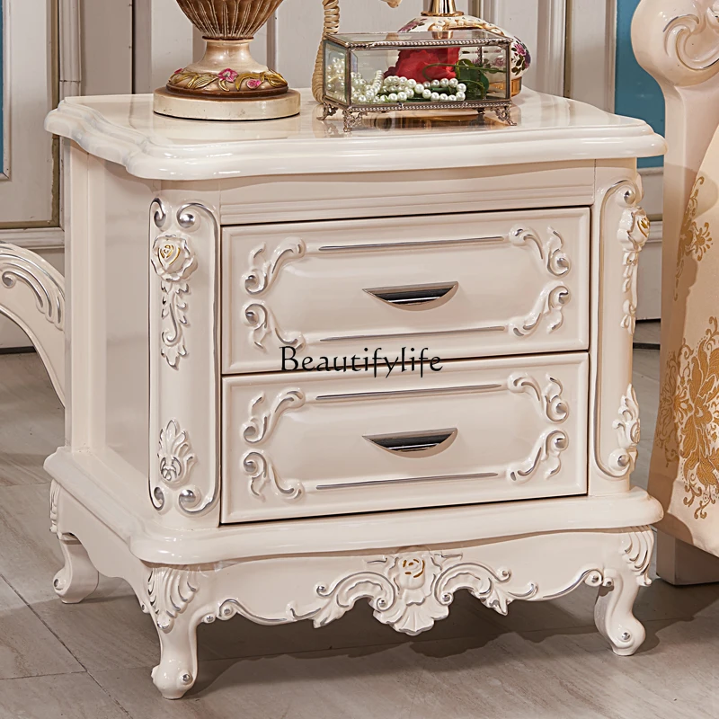 European bedside table, American master bedroom solid wood carving flower double pumping storage cabinet solid wood