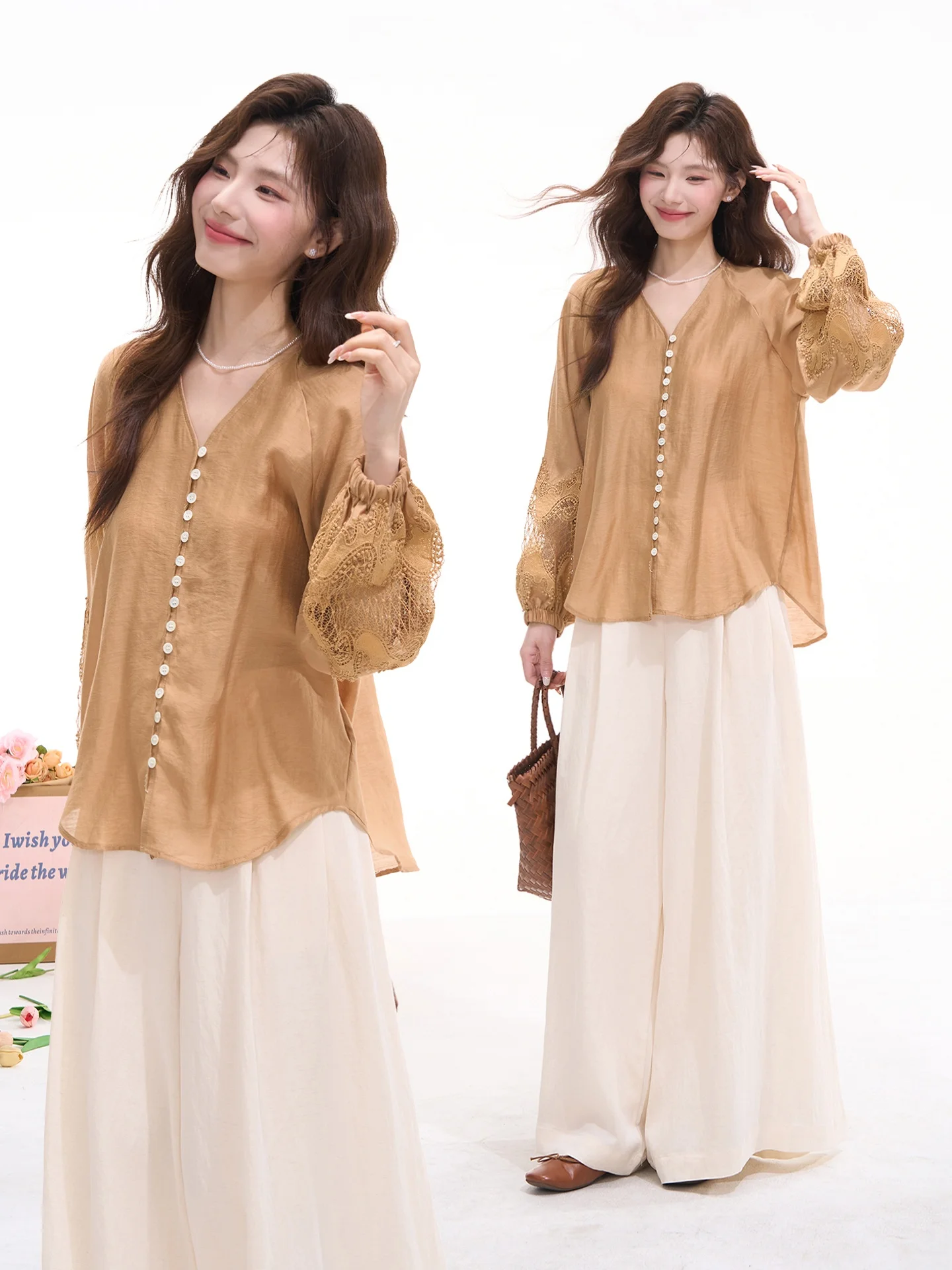 

Легкая льняная блузка Heme с кружевными вставками и длинными рукавами для женщин, повседневная свободная рубашка с V-образным вырезом, весна-лето