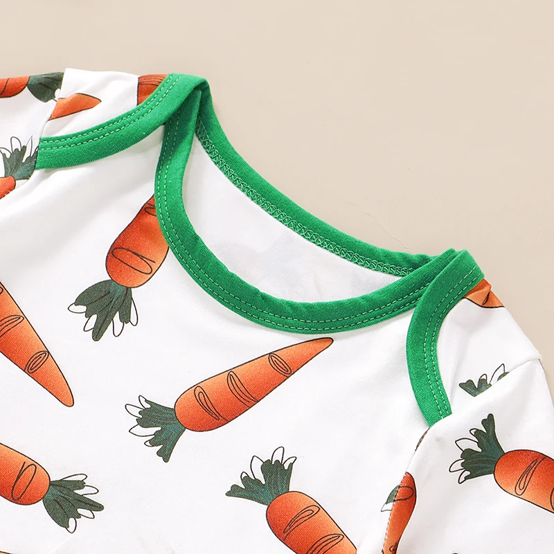 

3PCS Easter Bunny Romper Set Adorable Short Sleeve Carrot Print Snap Romper with Matching Long Pants and Bunny Ears Beanie Hat