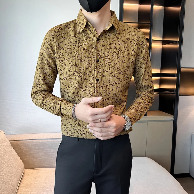 

Autumn Winter Floral Shirt for Men Fashion Slim Fit Casual Shirts High Quality Business and Social Street Wear Men's Clothing