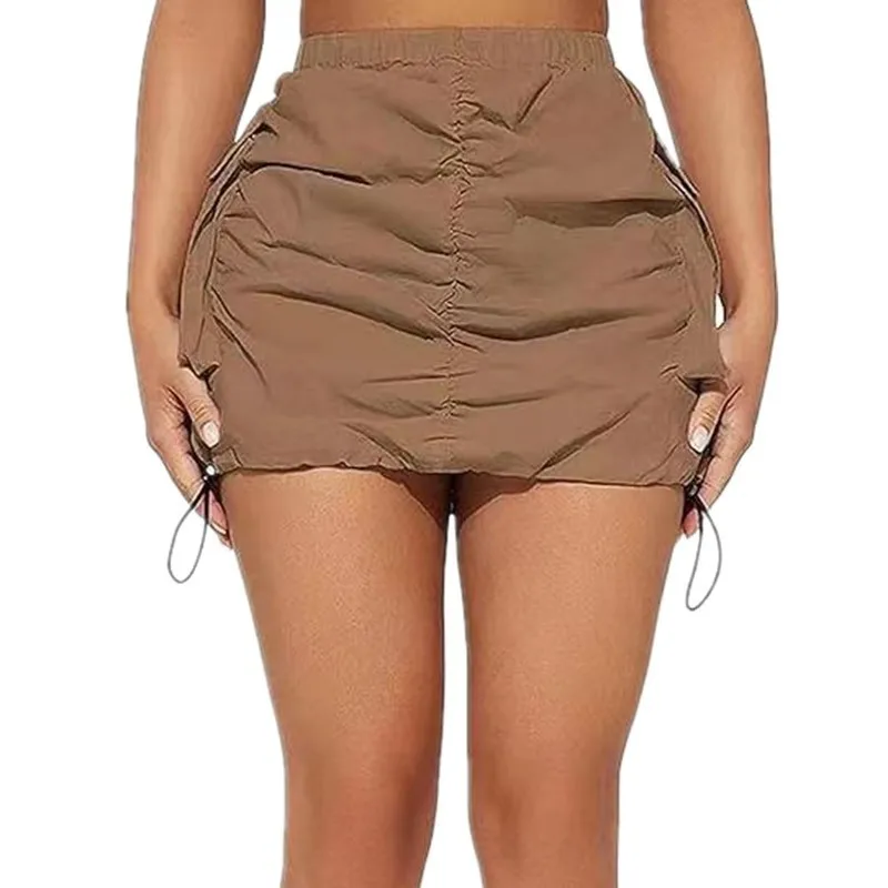 Summer Women's Solid Pleated Rubber Buckle Skirt Sports Organ Pocket Work Short Hip Dress