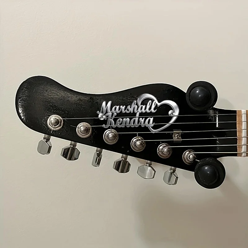 [Custom Product] Personalized 3D Metal Nameplate | Guitar Decal | Heart-Shaped Design with Two Names