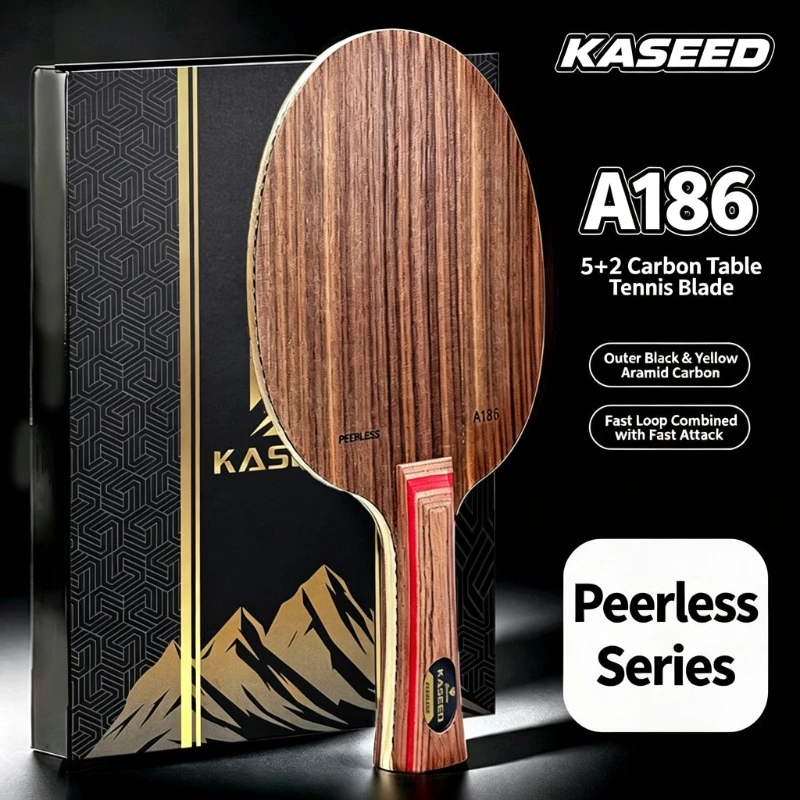 KASEED PEERLESS A186 7Ply Table Tennis Blade 5+2 Black‑Yellow Square‑Weave Carbon Fiber Black Walnut Surface Ping Pong Paddle
