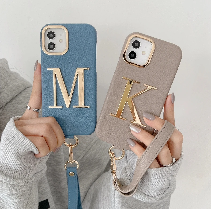 

Custom Initial Leather Phone Case Hand Rope Gold Letters iPhone 15 14 14Pro Max 14Plus 13Pro Max 13 12 11