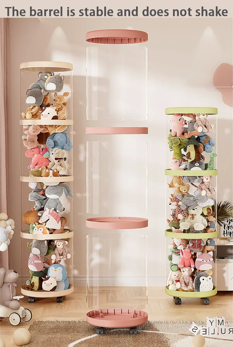 Plush Bucket Children\'s Toy Box Doll Storage Container Cylinder Transparent Moistureproof Storage Tube Organizer With Wheels