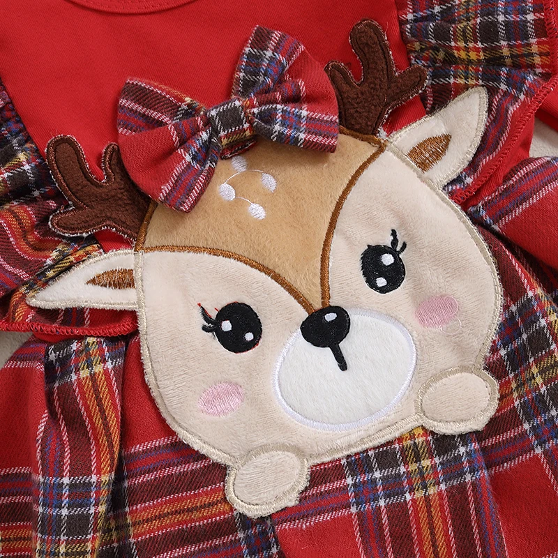 2024 Christmas Newborn Baby Girls Rompers Deer Embroidery Plaid Print Long Sleeve Crew Neck Ruffles Jumpsuits Xmas Gifts Outfits