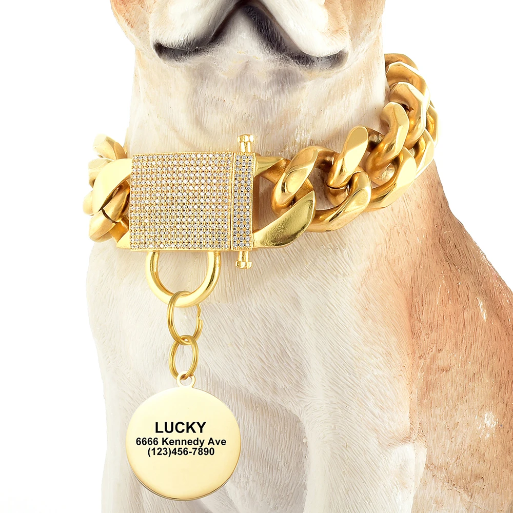 19mm Gold Color Stainless Steel Necklace Dog Chain Cuban Link Heavy Duty Collar With Custom Personalized Dog Name Tag