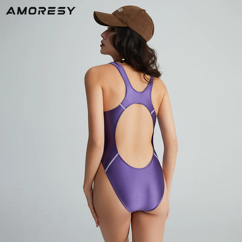 AMORESY Gaea series purple eye-catching logo flash fabric one-piece holiday hot spring surfing competitive swimsuit