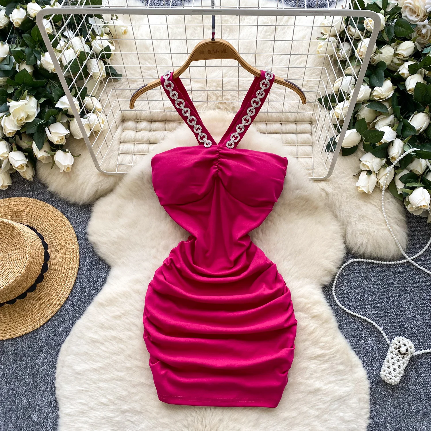 Chic vintage Impiombato aderente senza maniche Elegante fata moda coreana Boho Vestito estivo da donna mini abito