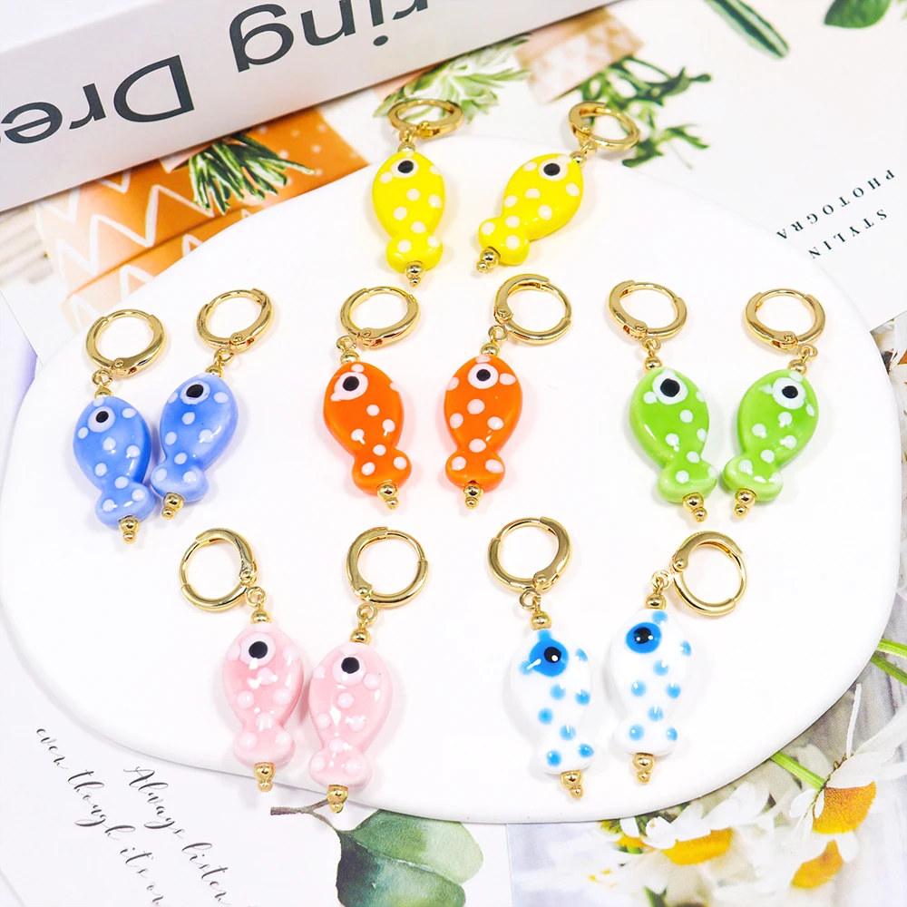 New Ceramic Small Flat Fish Earrings For Women Candy Color Porcelain Beads Drop Earrings Charm Jewelry Gifts