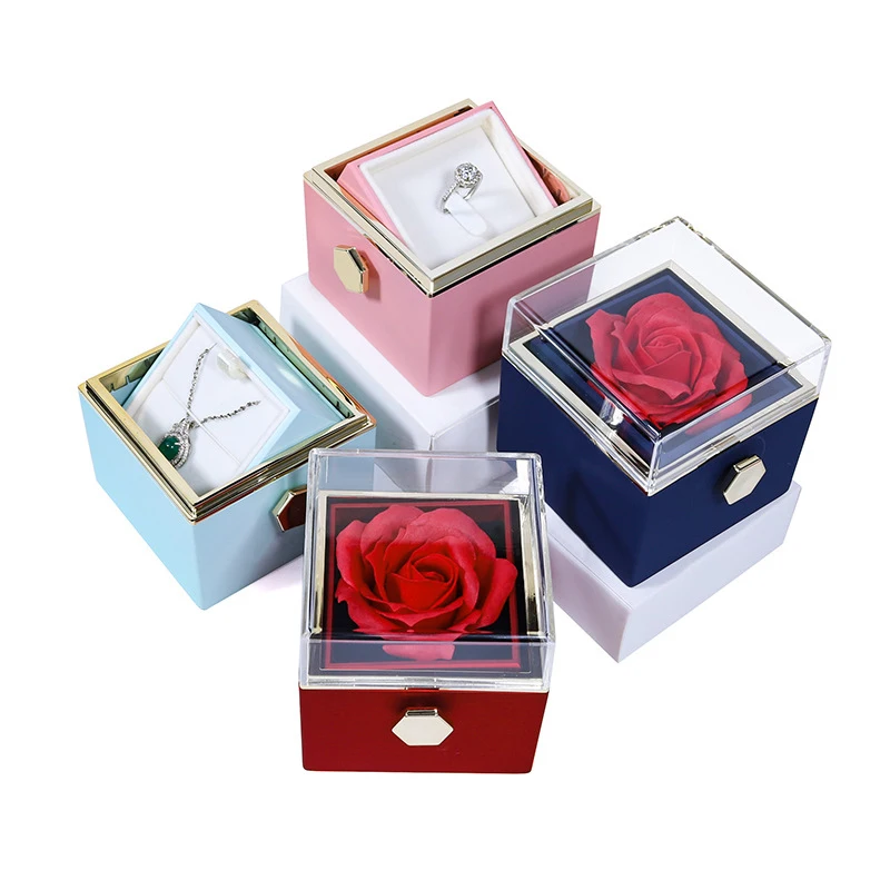 Rotation Rose Jewelry Gift Box Valentine\'s Day Marriage Acrylic Ring Boxes Necklace Storage Rose Jewelry Display Rack