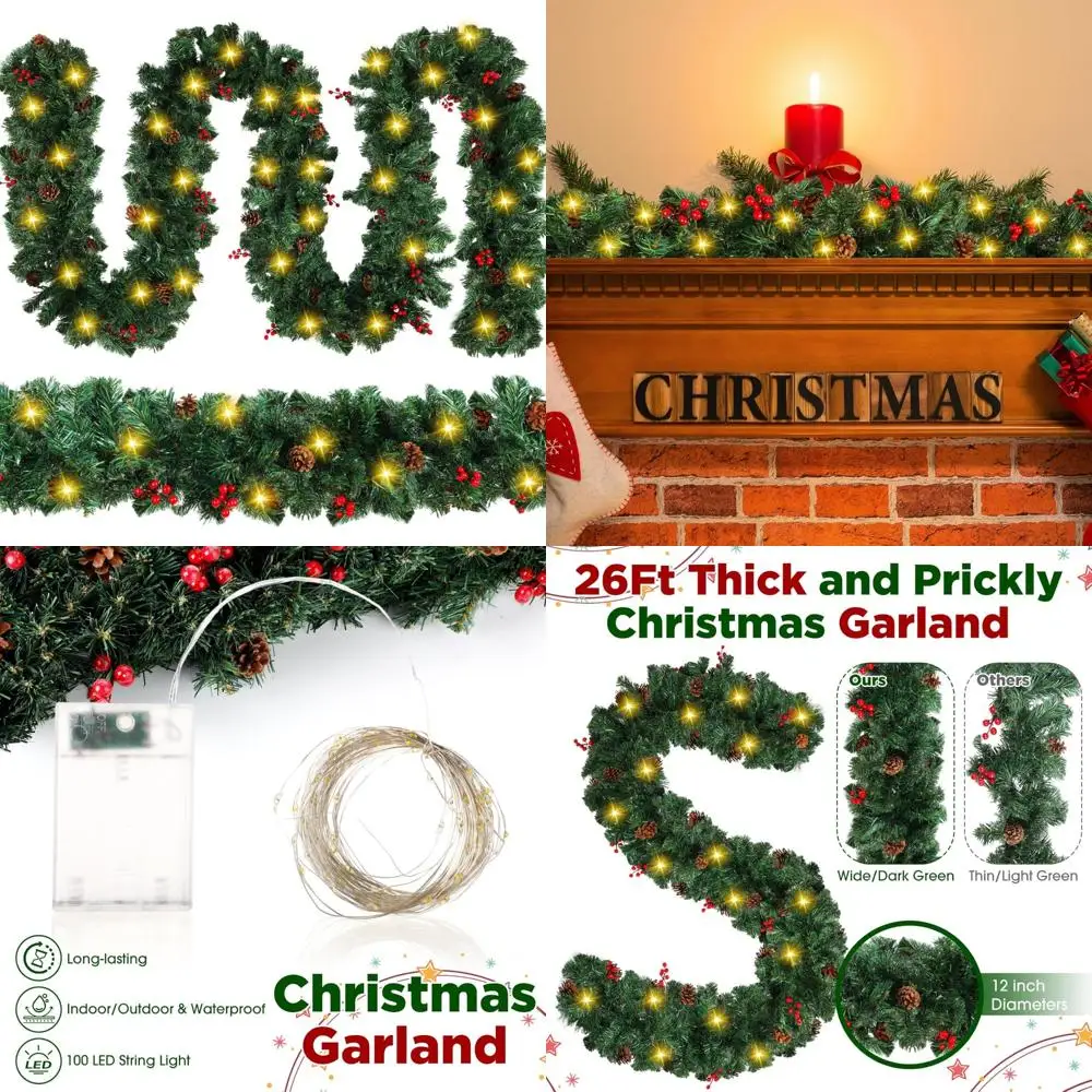 

100 светодиодных гирлянд из сосновой шишки с красными ягодами на батарейках, толстая уличная гирлянда длиной 26 футов для праздничных украшений