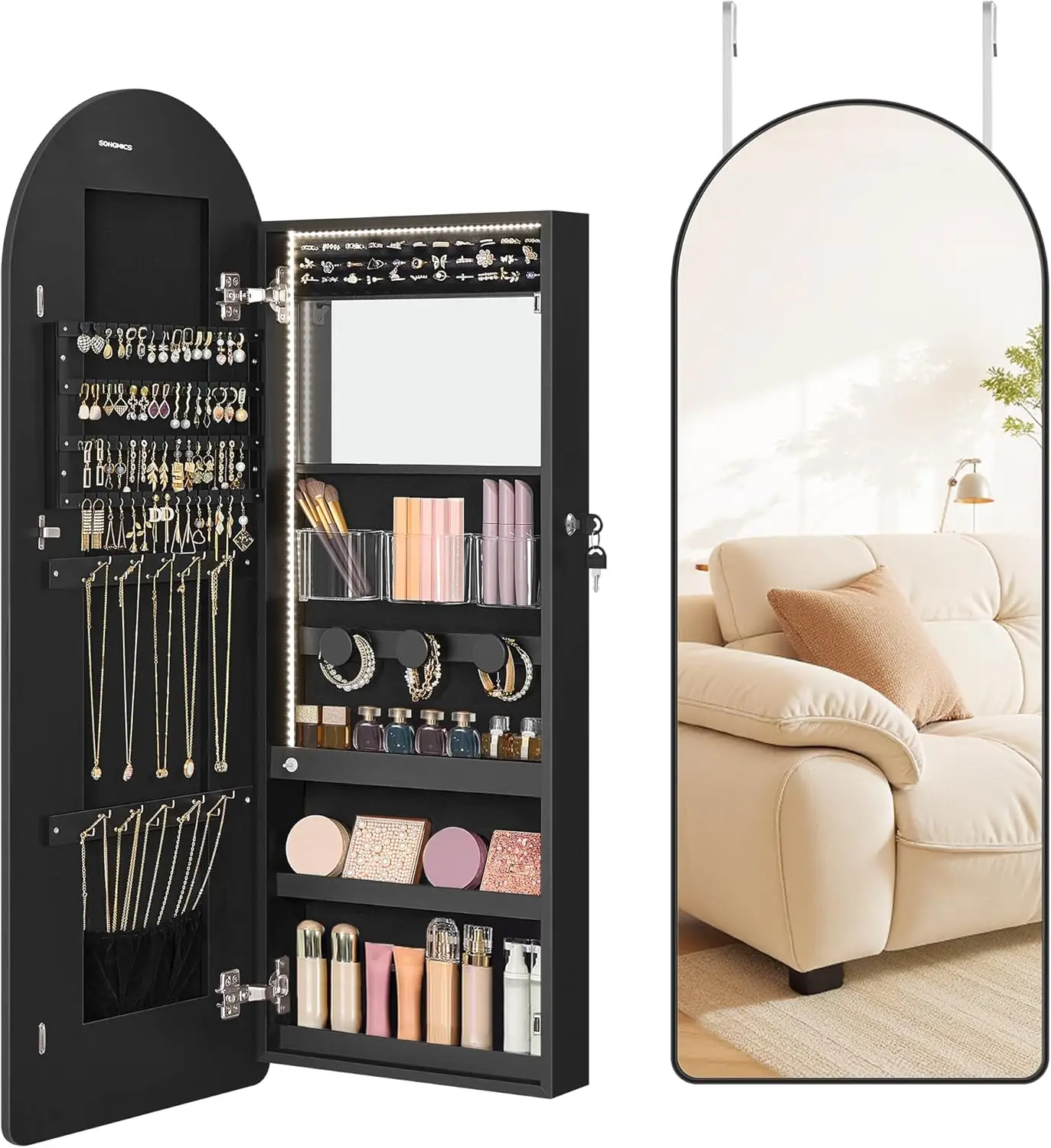 

Широкий органайзер для ювелирных изделий, светодиодный шкаф для ювелирных изделий, настенный/дверной, арочное зеркало с местом для хранения, запираемый, закругленный угол