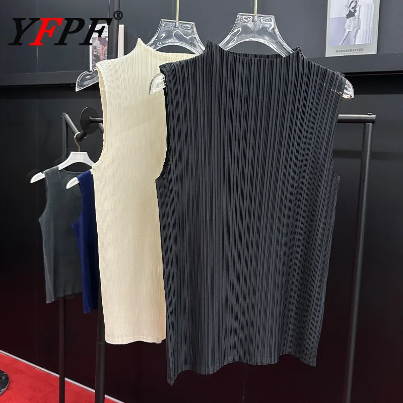 

YFPF Solid Color Sleeveless Vest For Women Miyake Pleated Casual Summer Pullover Blouse Fashion 2025 New Clothing