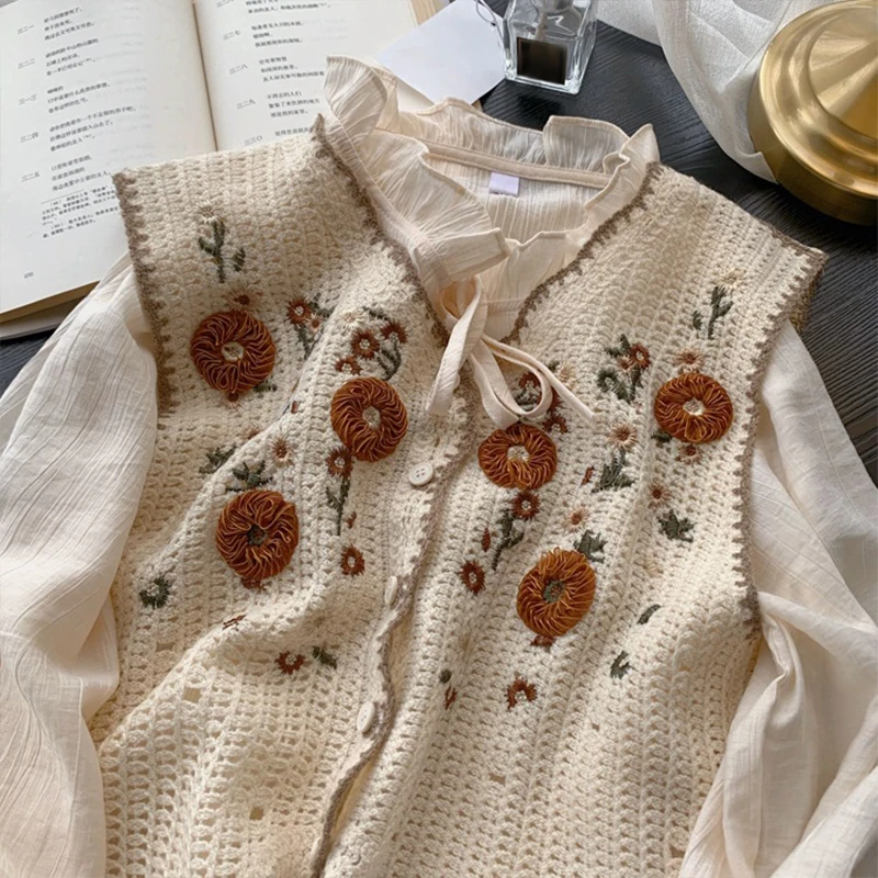 Korean Vintage Embroidery Vest Pastoral Fresh Style Knitted Crochet Flower Vest Female Hollow Out Waistcoat Top Girls Outwear