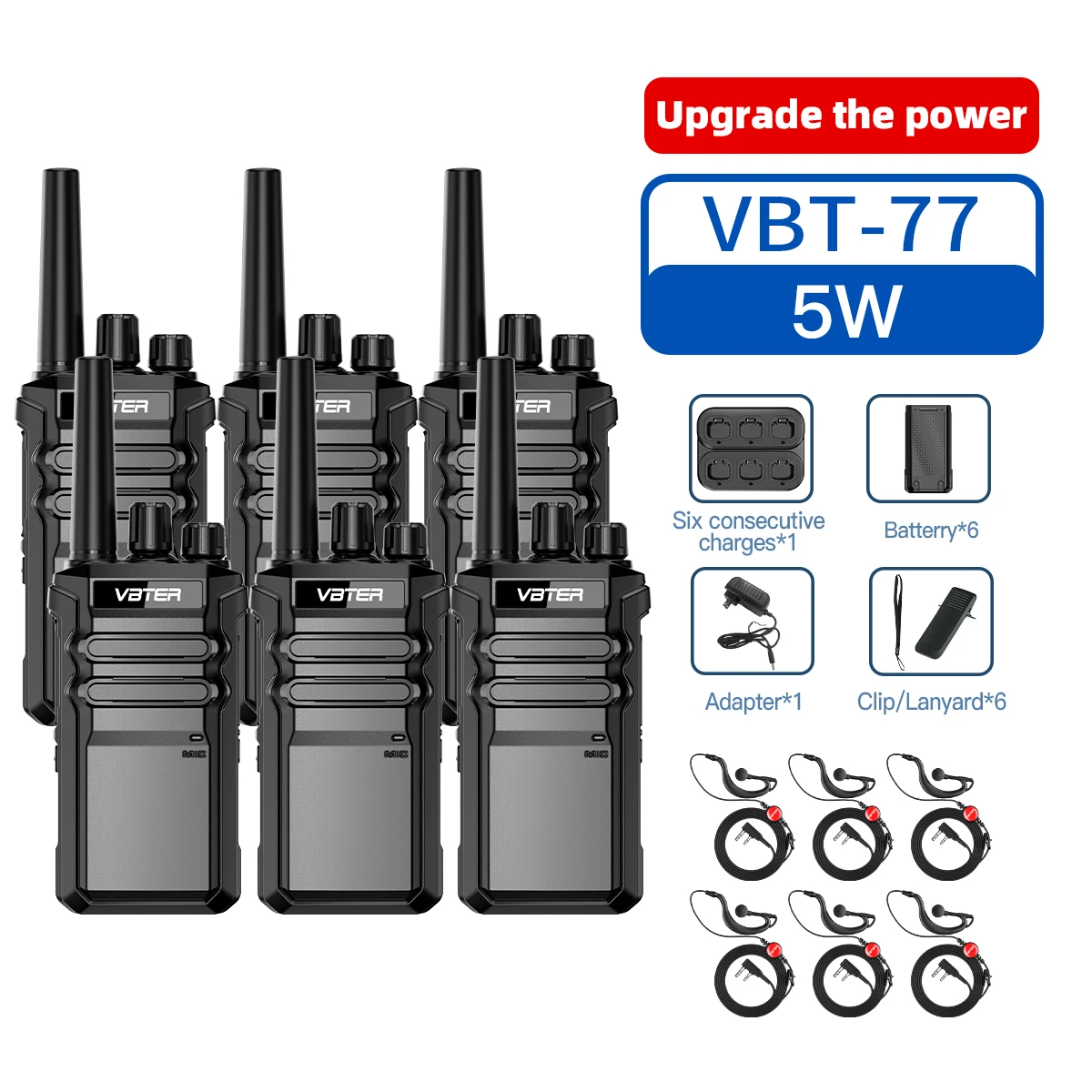 VBTER Walkie Talkie met multi-unit oplaadmogelijkheid VBT-77 Handheld tweerichtingsradio 3-5km VOX UHF 400-470MHz Draagbare lange afstand radio
