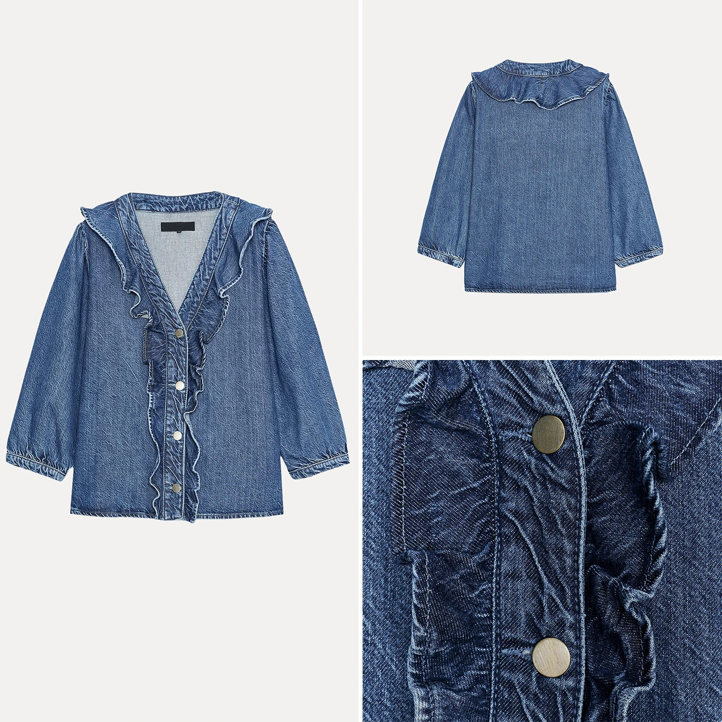 

Z Women's Faionable Ruffle Trim Denim irt Spring 2025 Long Sve Casual Ele Sle 64752 Other Sle