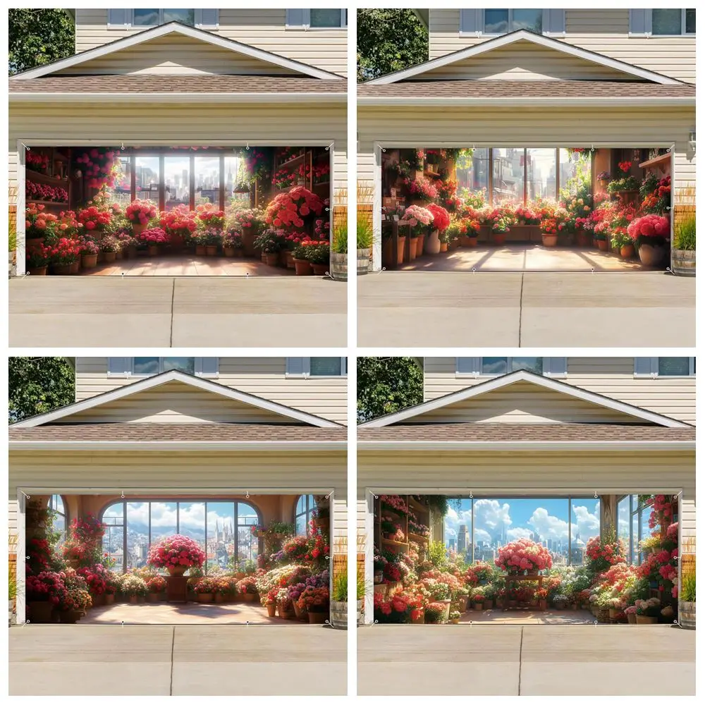 

Spring Flowers Garage Door Banner Decoration Garden Wall Decor Outdoor Party Large Hanging Backdrop Durable Polyester With Holes