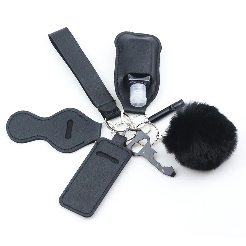 

Outdoor Women Self-Defense Whistle 7Pcs/Set Keychains Fashion Leather Hand Sanitizer Leather Case Hairball Key Ring