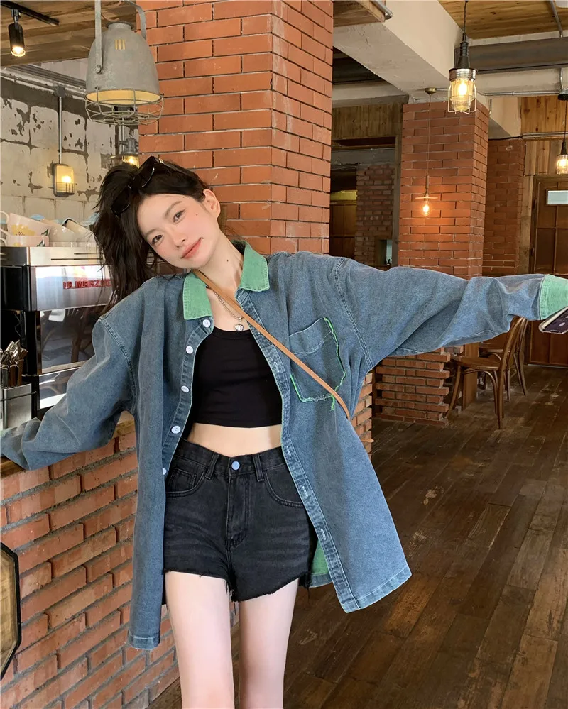 

Loose Long Sve Collar Denim irt Jaet Women's Spring New Sle Korean Version Big Size Fat MM Color Blo Outerwear