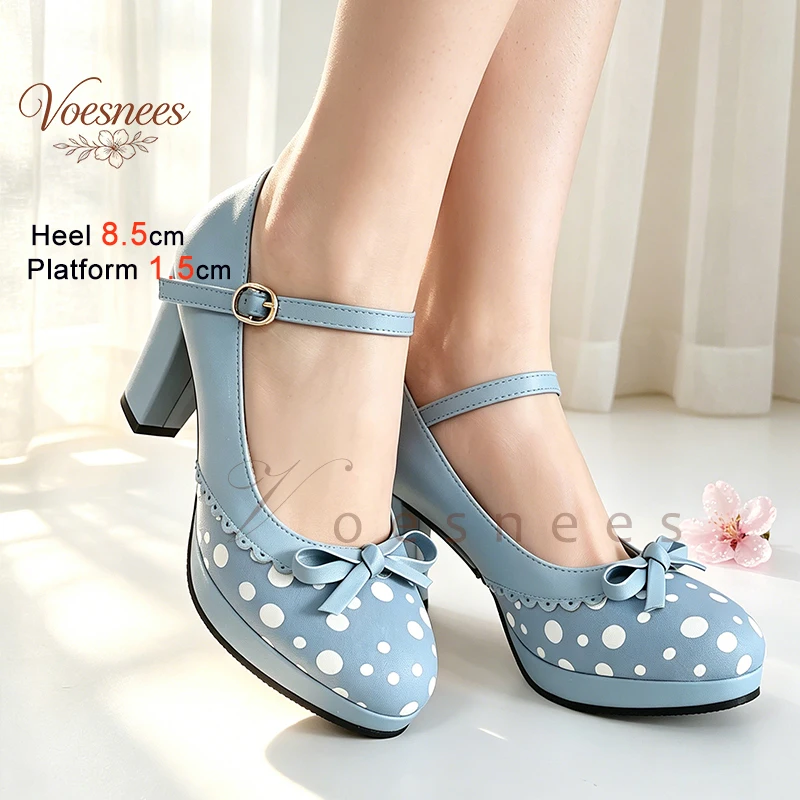 

Women Light Blue Polka Dot Mary Jane Heels Cute Bow Platform Block High Heels Sweet Lolita Ankle Strap Pumps for Daily Party