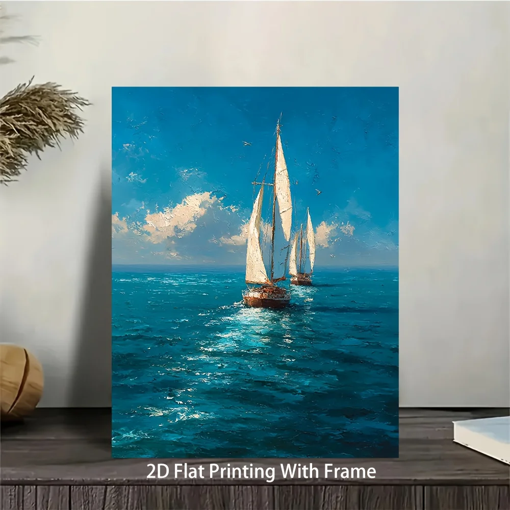 (No frame)1pc 16x24 Inch Modern Nautical Framed Canvas Wall Art - Elegant Sailing Boat Painting with Blue Skies, Calm Waters