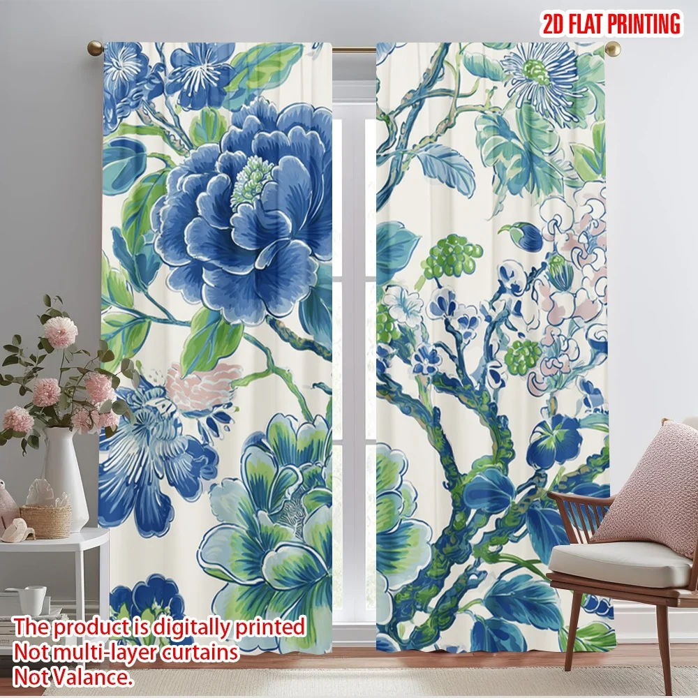 2pcs,2D plane printing Popular Curtain Panels Blue-Green Floral Symphony Polyester Fabric (without rod) Holiday for Bedroom,