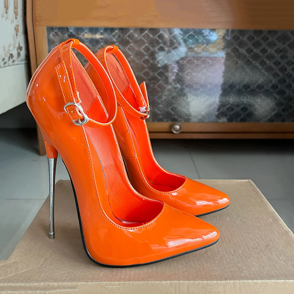 Super High Heels 16cm Stilettos Sexy Women Oange Dress Shoes Pumps Ankle Strap Fetish Party Unisex Man Shoes Big Szie 44 45 46