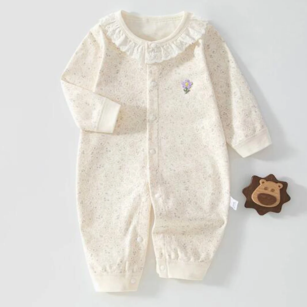 Autumn Baby Girl Jumpsuit 100% Combed Cotton Floral Animal Print Long Seleve Newborn Jumpsuit Ruffled Collar Infant Clothes
