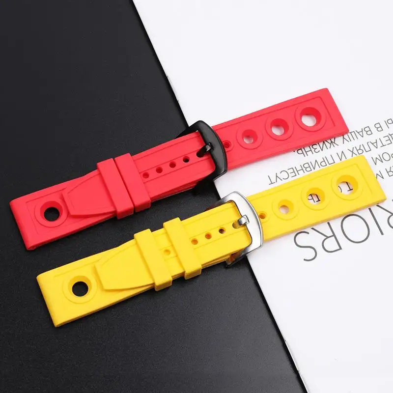 TINTAG 22mm 24mm Black Blue Red Soft Silicone Rubber Watch Band Pin Buckle Belt Watchband Accessories Tools For Breitling