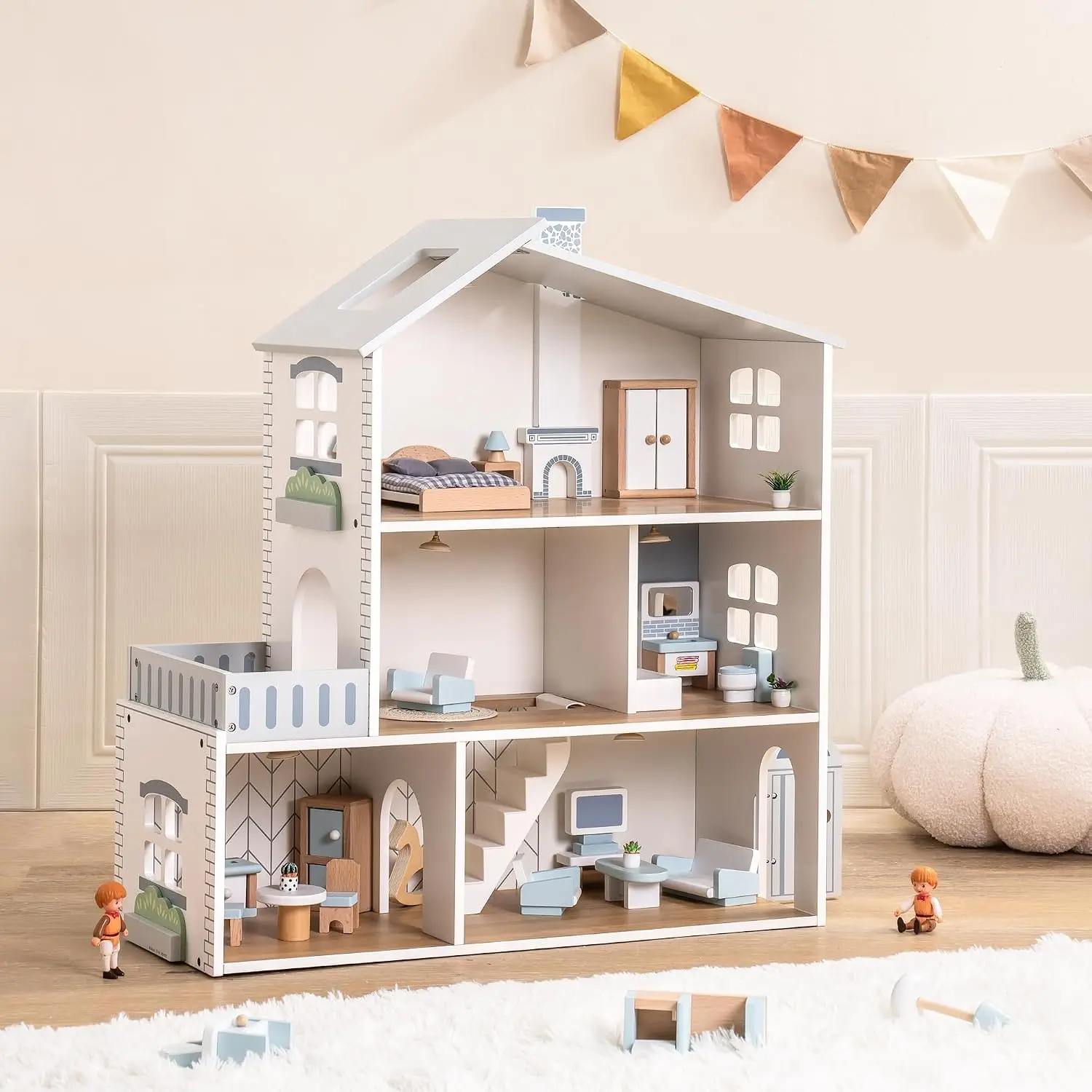 Wooden Dollhouse with 29 Pcs Furniture, 6 Rooms,Age 3+